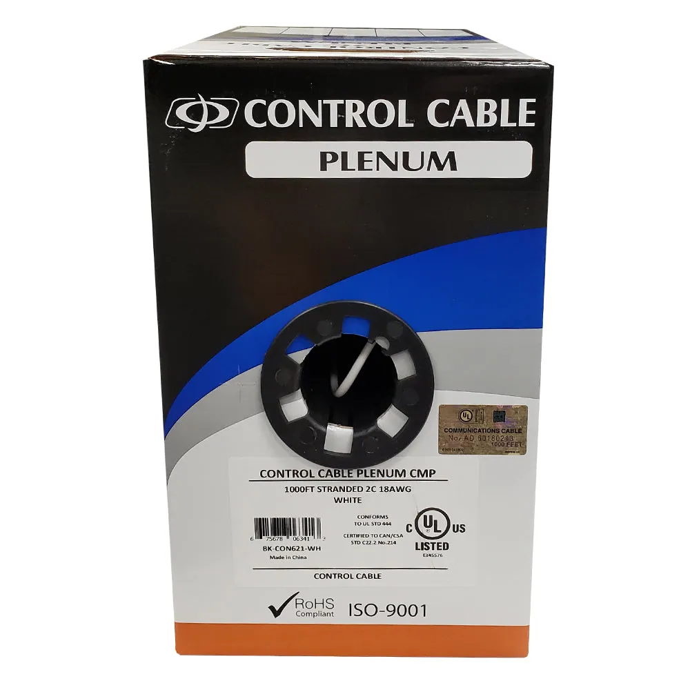 1000ft 2C 18AWG Stranded Control Cable - CMP Plenum - White