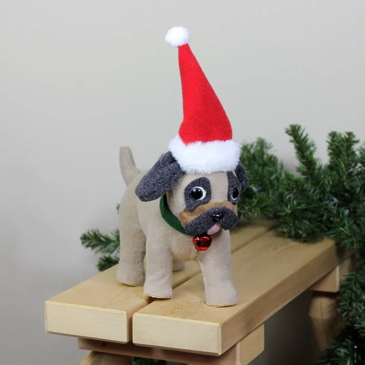 13.25" Plush Brown and Gray Pug Dog with Santa Hat Christmas Decoration