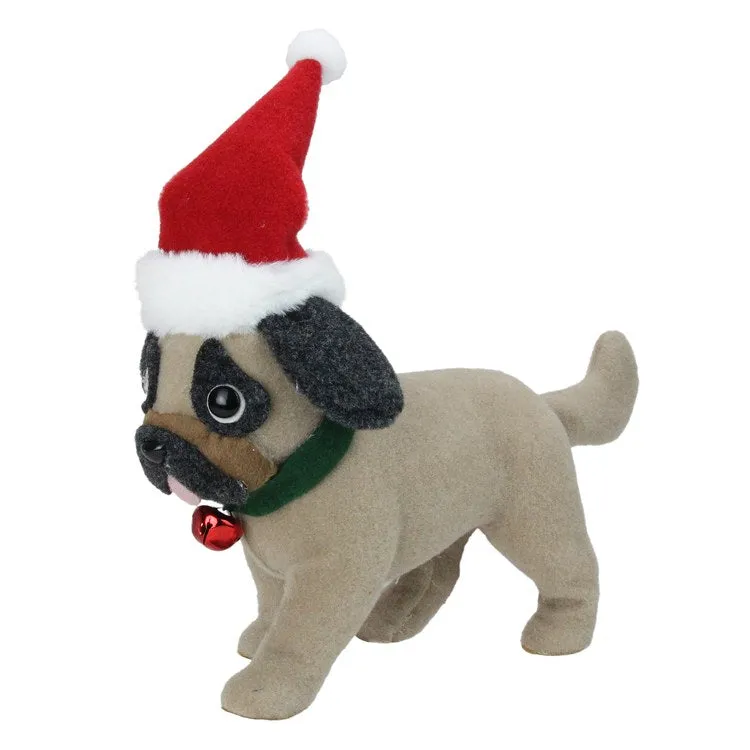 13.25" Plush Brown and Gray Pug Dog with Santa Hat Christmas Decoration