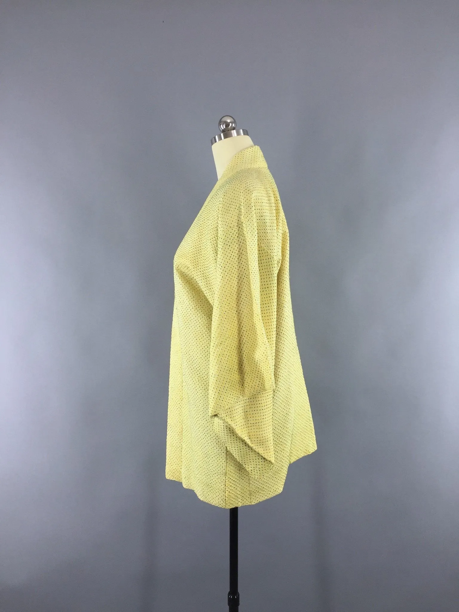 1960s Vintage Silk Haori Kimono Cardigan Jacket in Yellow and Green Shibori