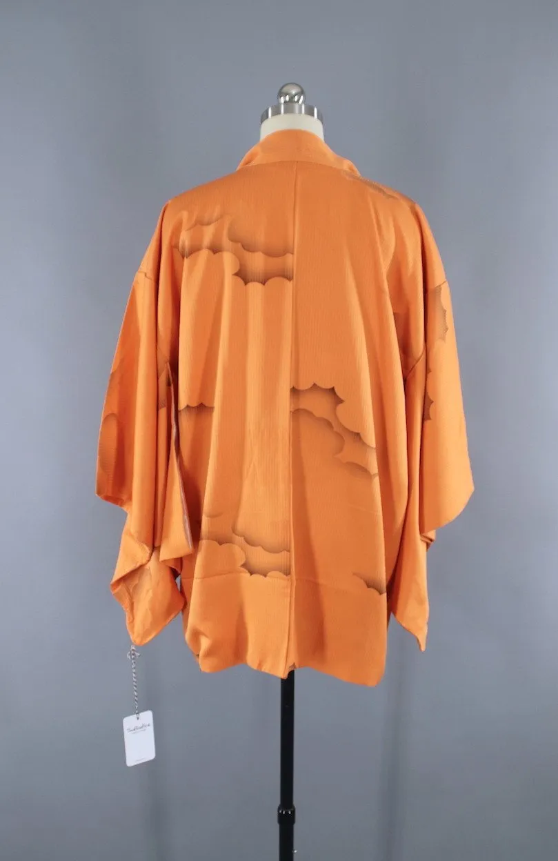 1970s Vintage Silk Haori Kimono Jacket Cardigan/ Bright Orange Clouds