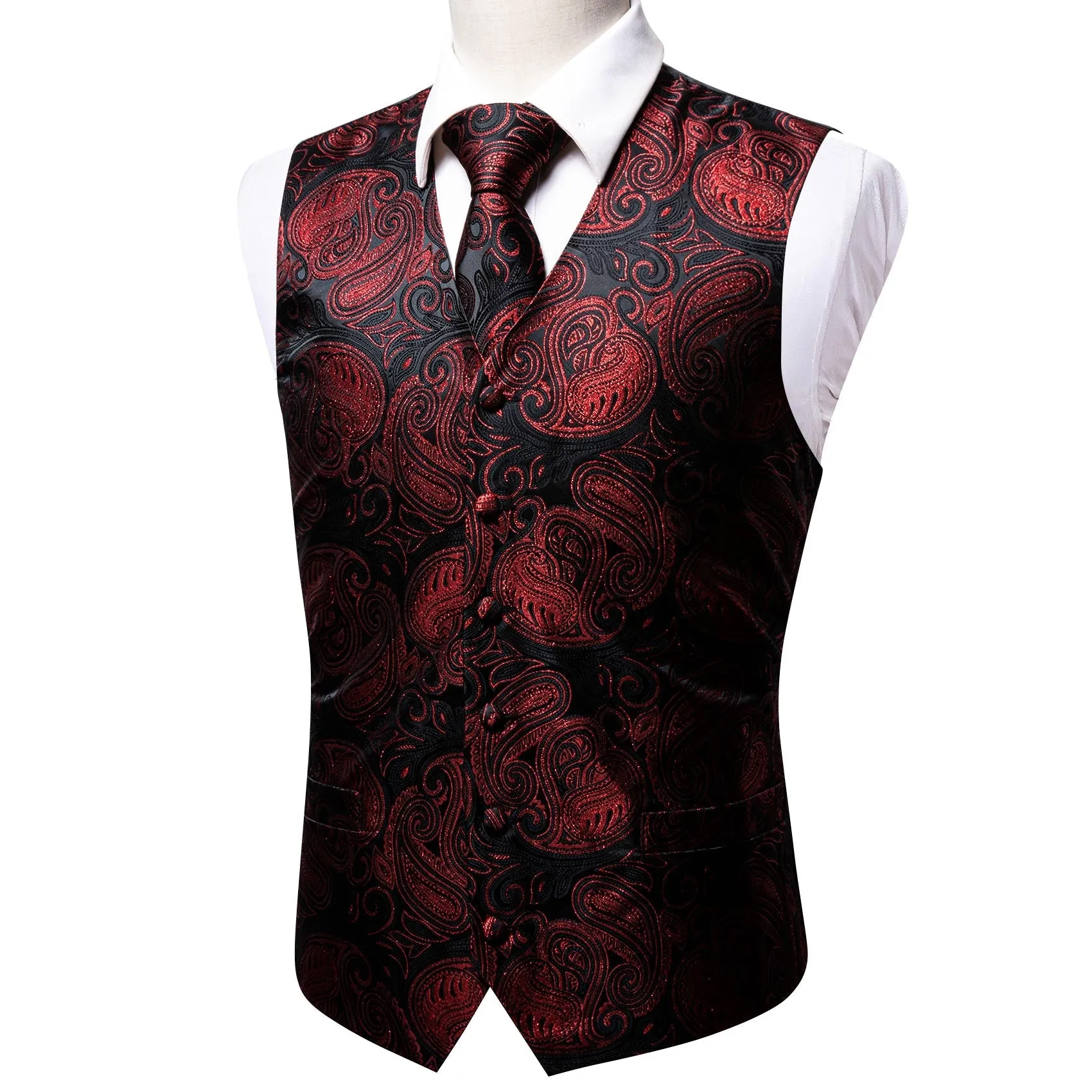 2PCS Luxury Black Red Shining Paisley Jacquard Men's Vest Tie Set