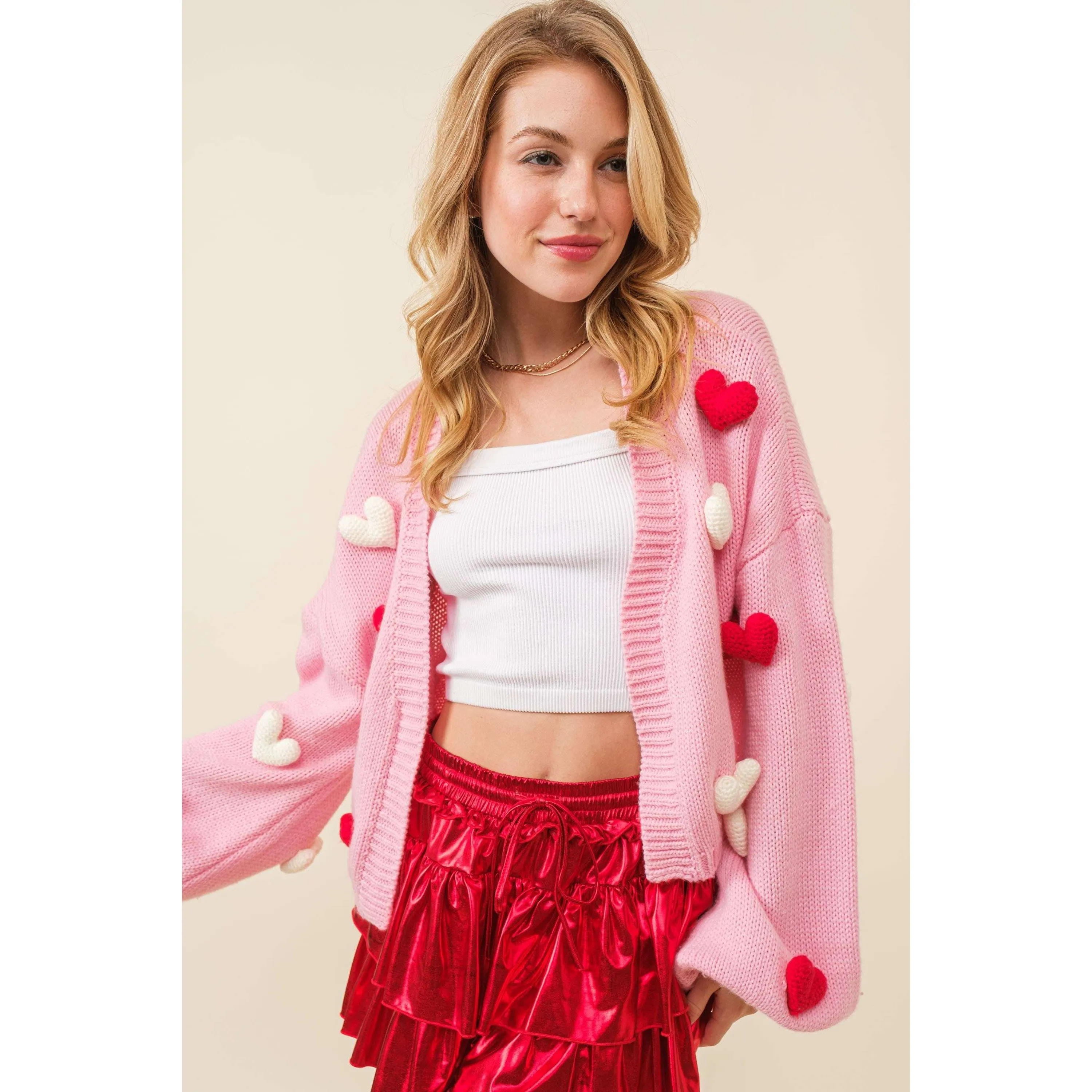 3D Heart Crop Knit Cardigan Sweater in Pink [Size Large Only]