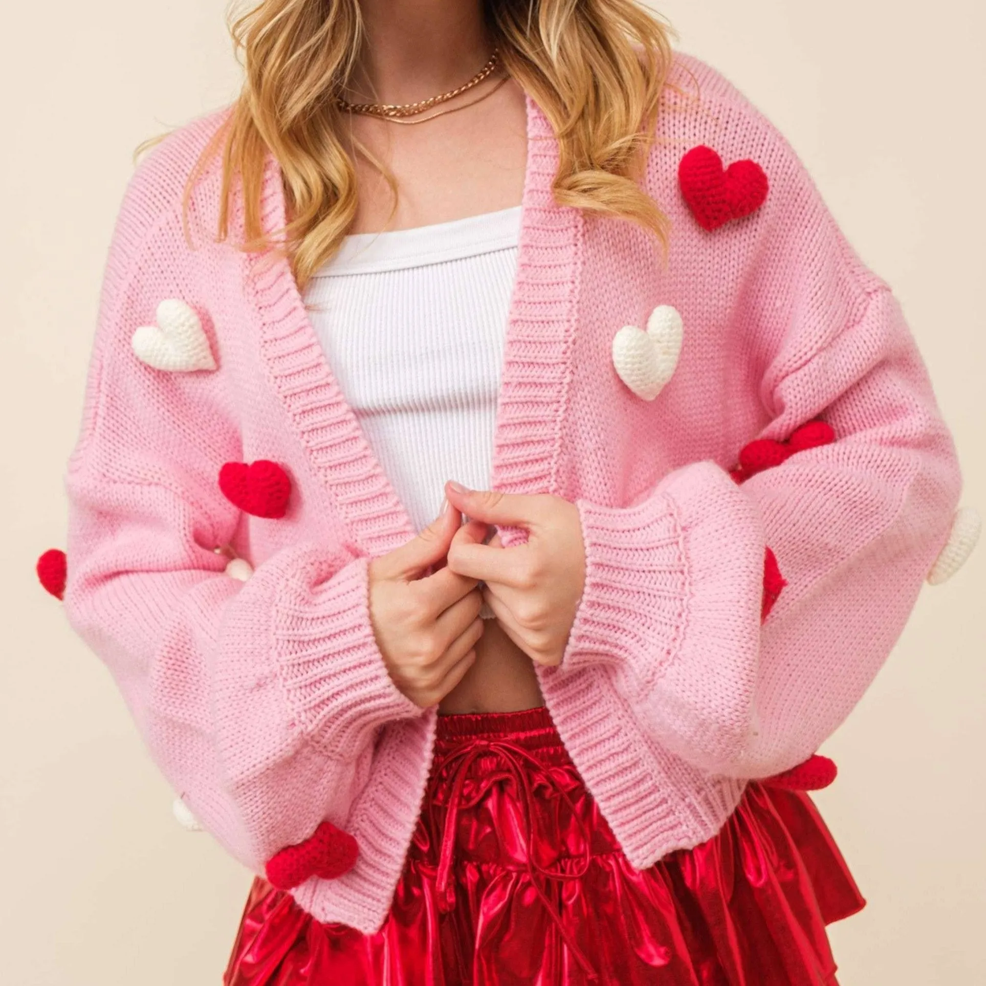 3D Heart Crop Knit Cardigan Sweater in Pink [Size Large Only]