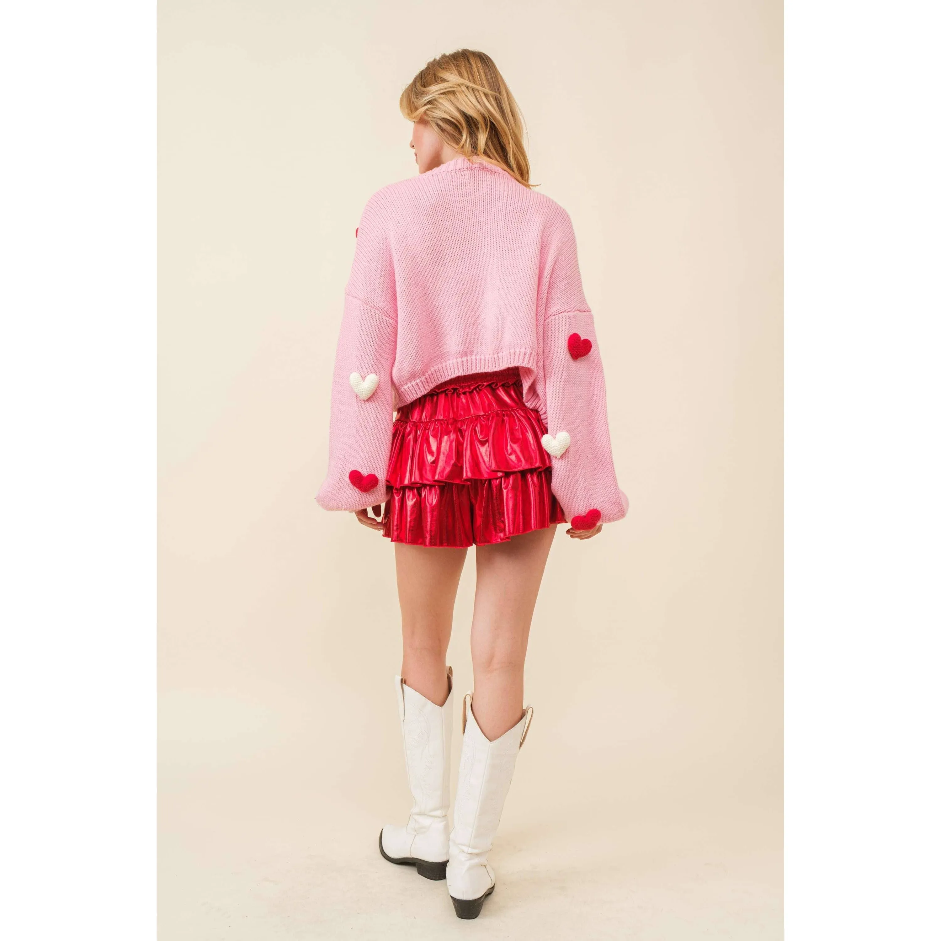 3D Heart Crop Knit Cardigan Sweater in Pink [Size Large Only]