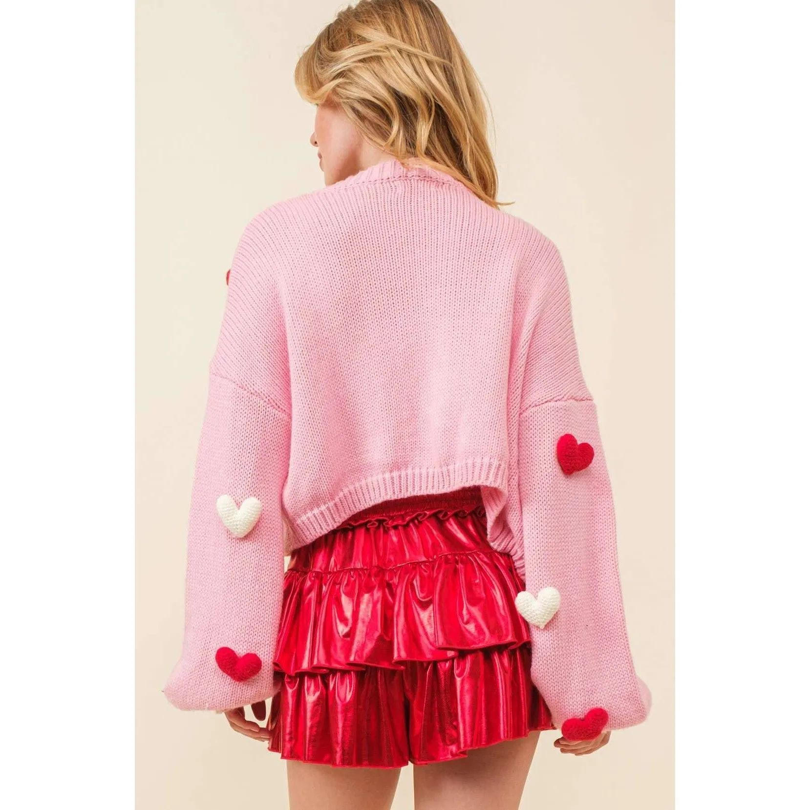 3D Heart Crop Knit Cardigan Sweater in Pink [Size Large Only]