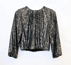 Alice   Olivia - Avila Sequin Crewneck Sleeve Crop Top Gunmetal