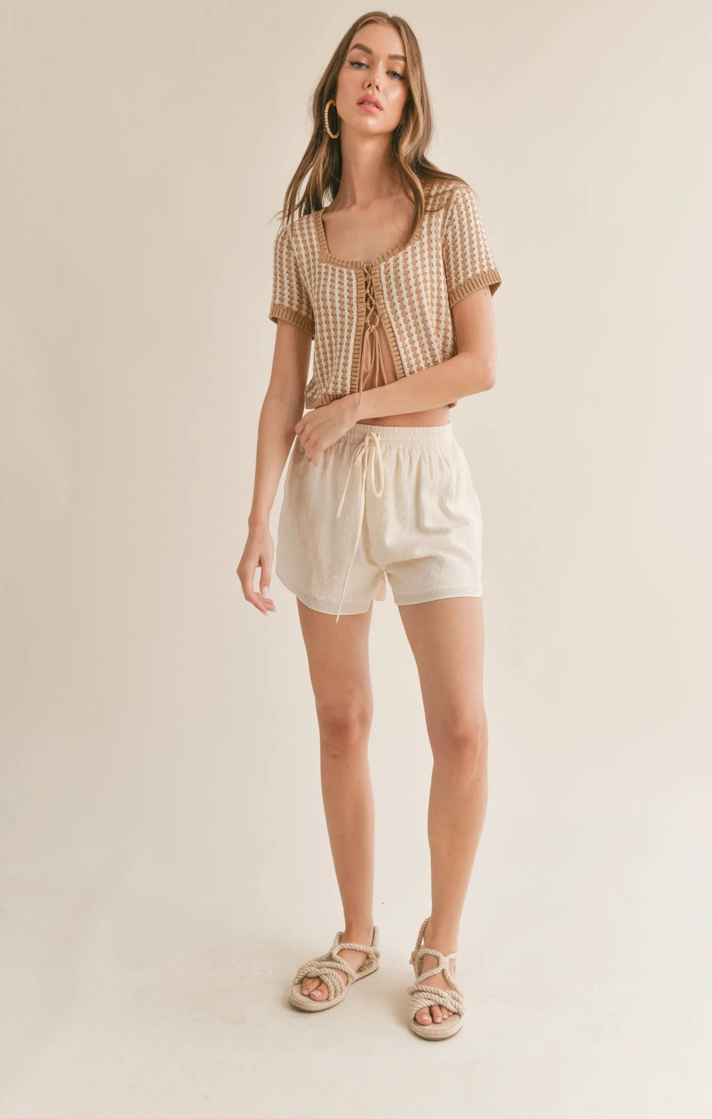 Amore Lace Up Front Crop Sweater | Ivory & Taupe