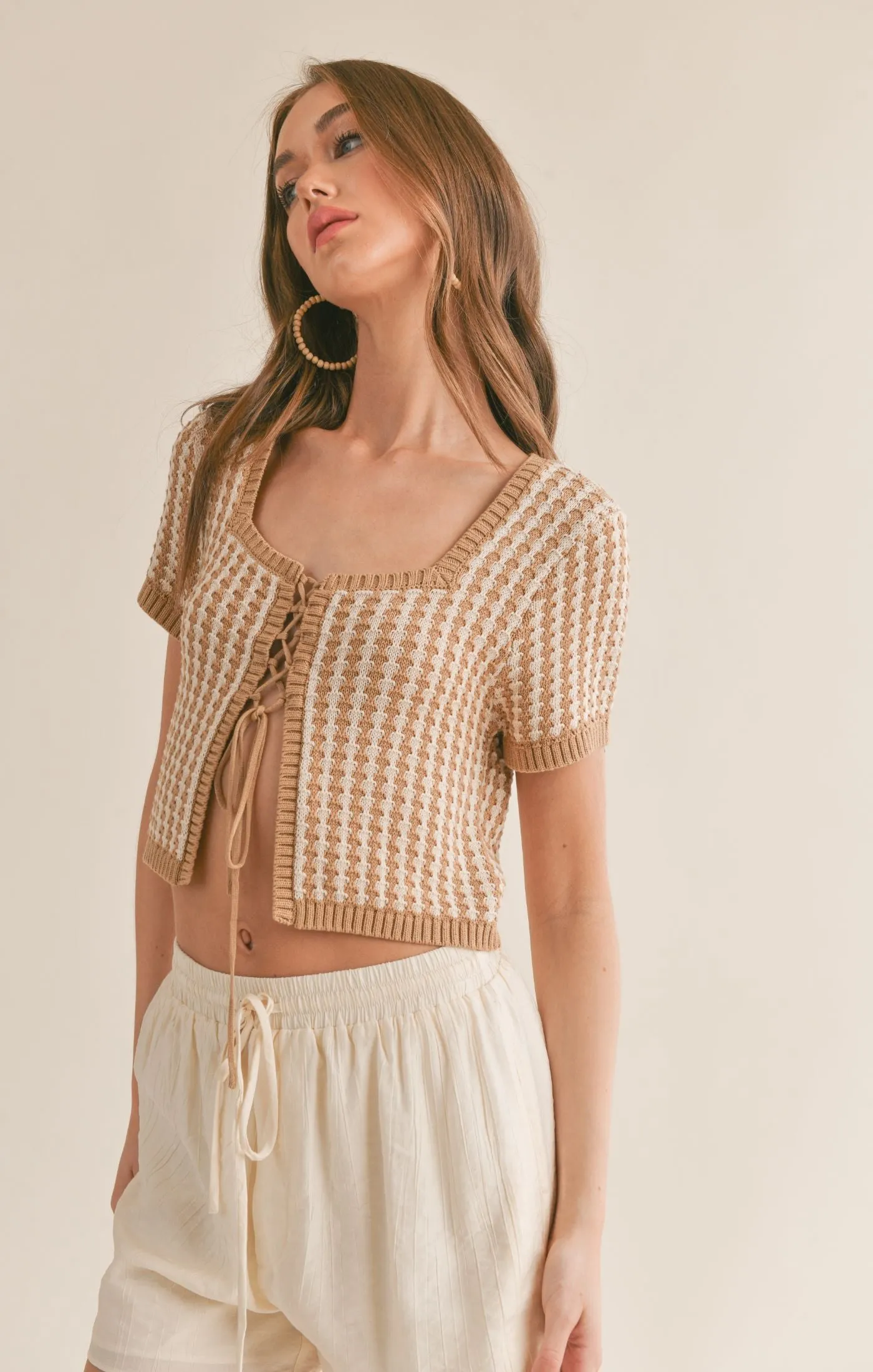 Amore Lace Up Front Crop Sweater | Ivory & Taupe