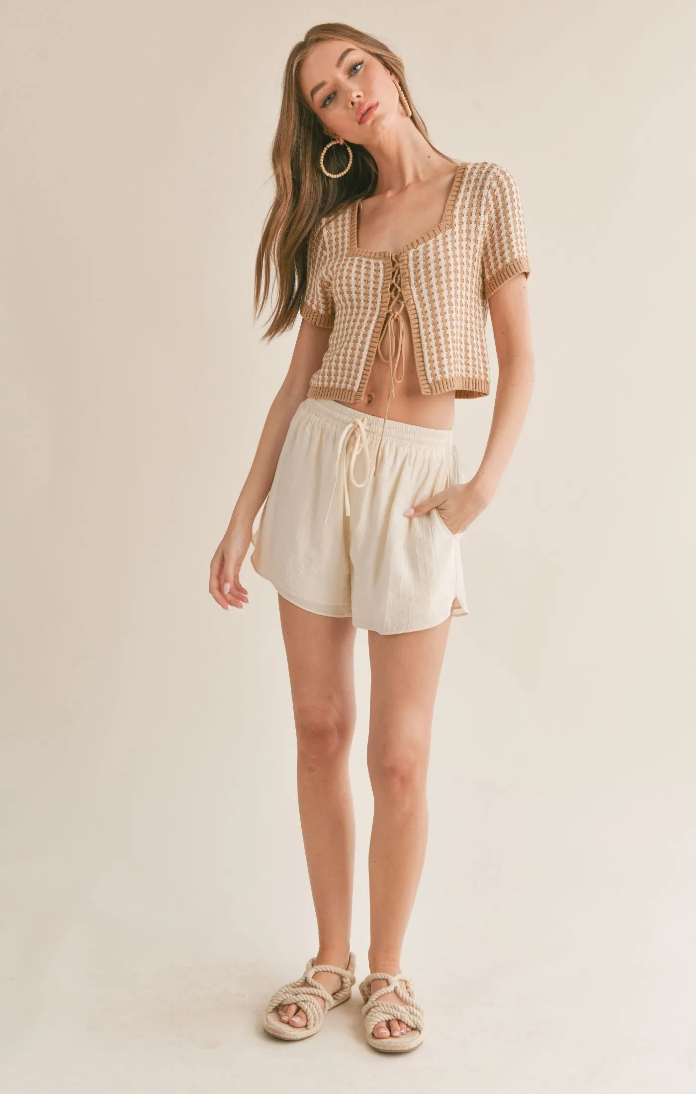 Amore Lace Up Front Crop Sweater | Ivory & Taupe