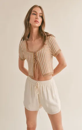 Amore Lace Up Front Crop Sweater | Ivory & Taupe