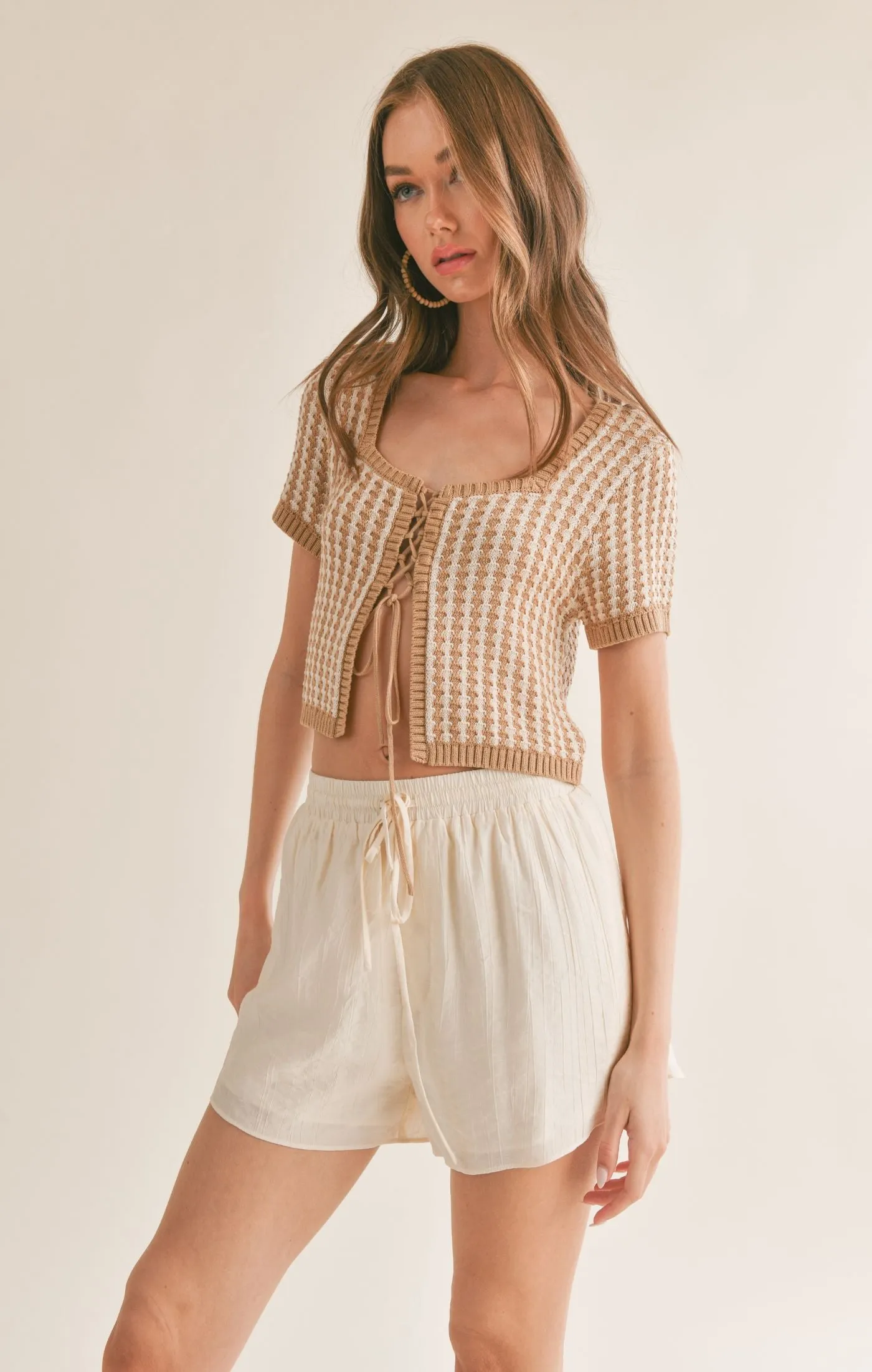 Amore Lace Up Front Crop Sweater | Ivory & Taupe