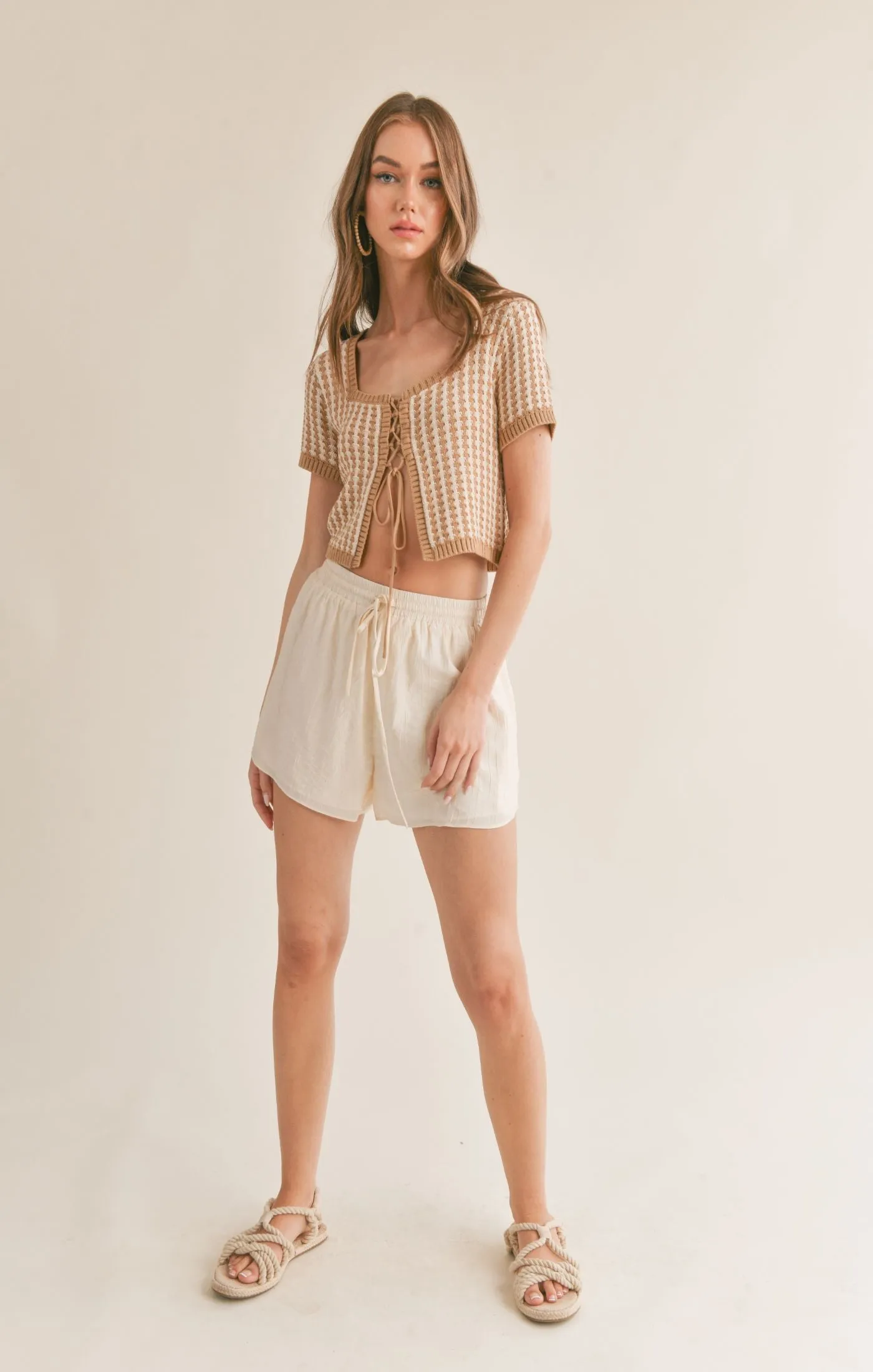 Amore Lace Up Front Crop Sweater | Ivory & Taupe