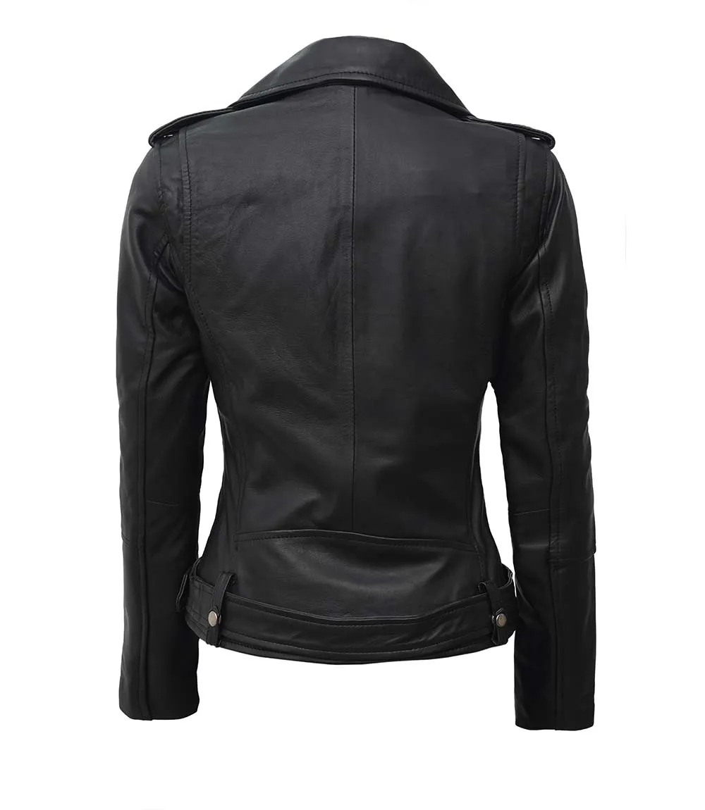 Asymmetrical Leather Biker Jacket Women's Black Leather