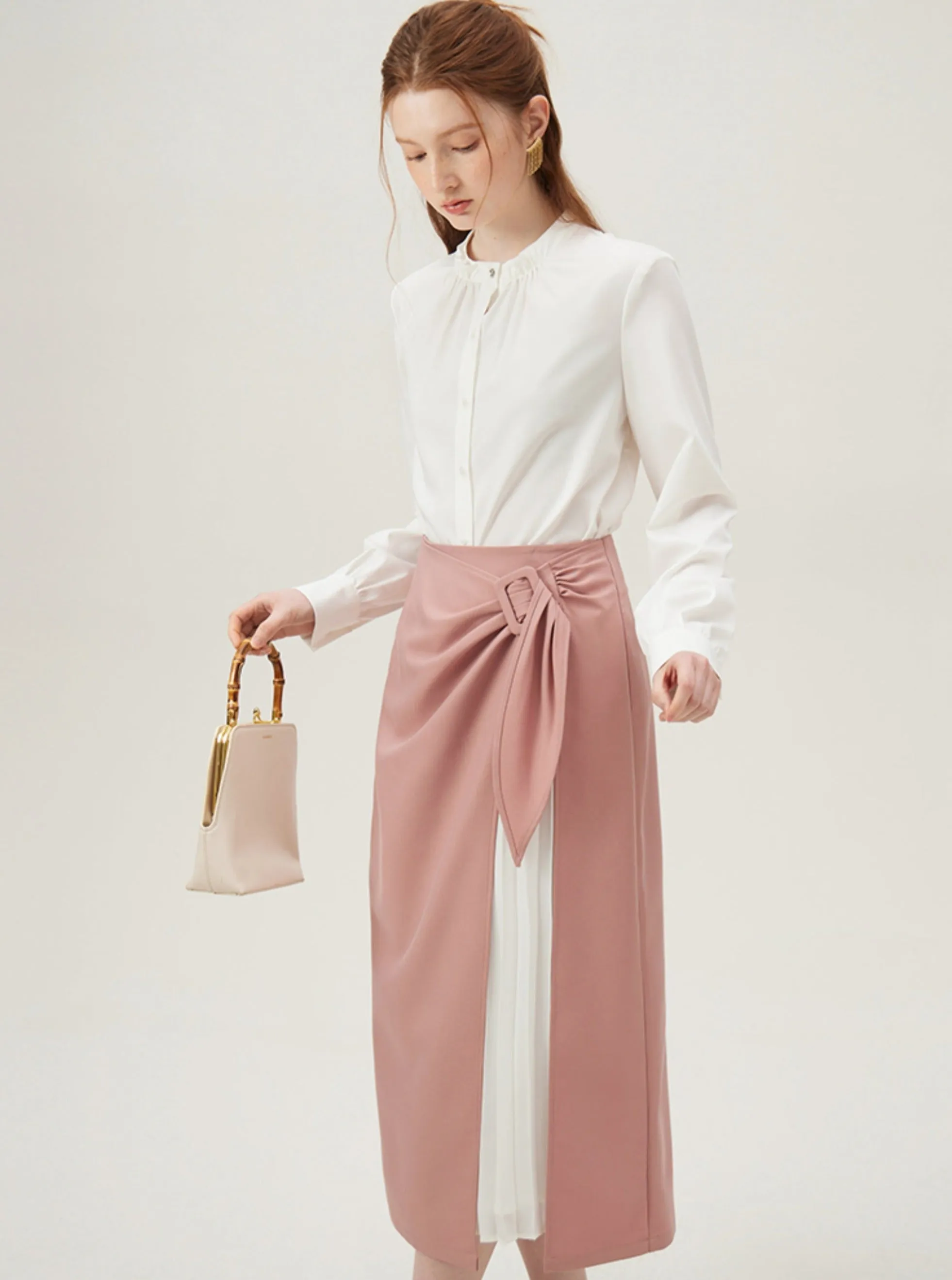 Asymmetrical Wrap Midi Skirt - Side Tie Pleated Insert