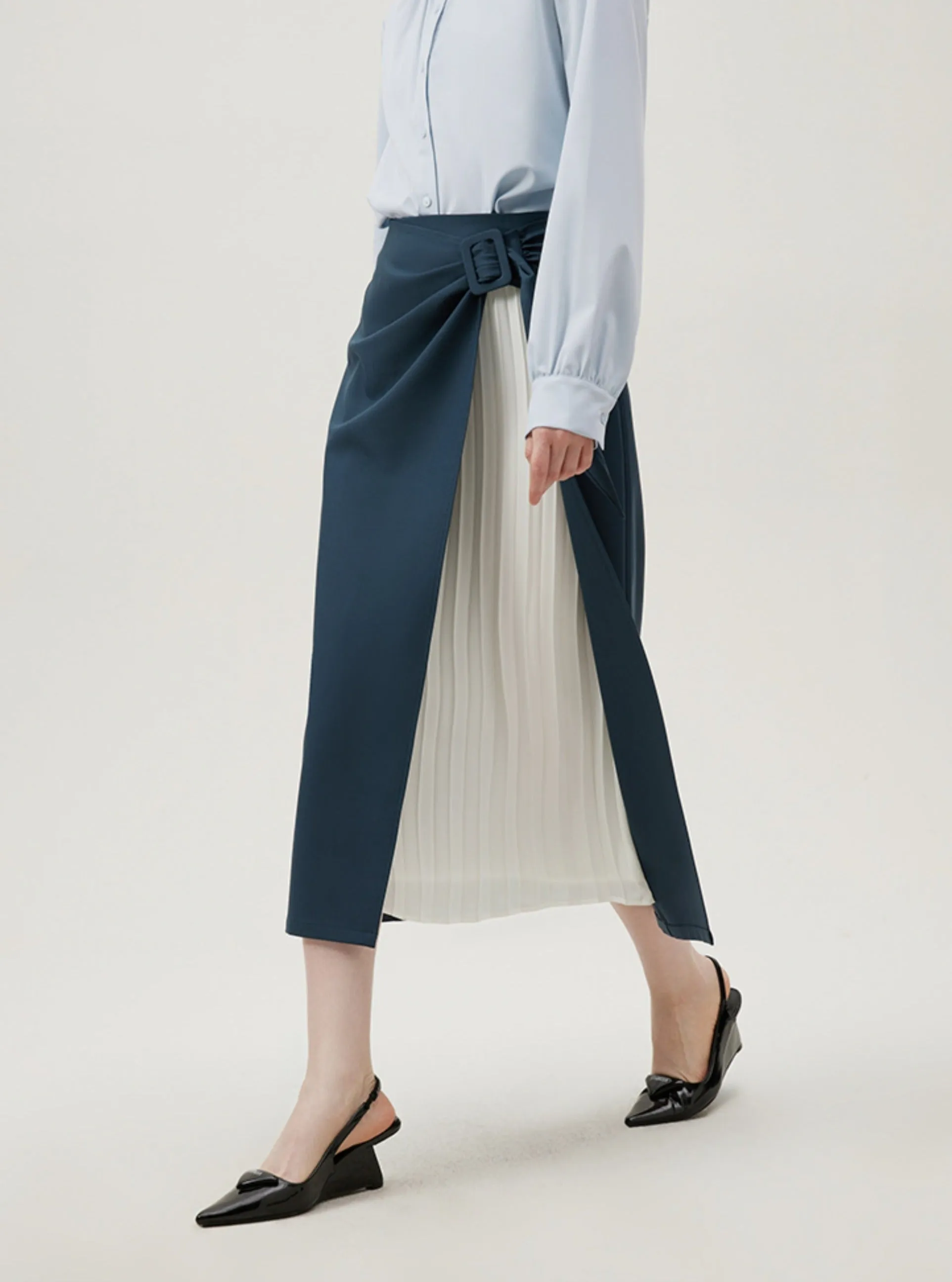 Asymmetrical Wrap Midi Skirt - Side Tie Pleated Insert