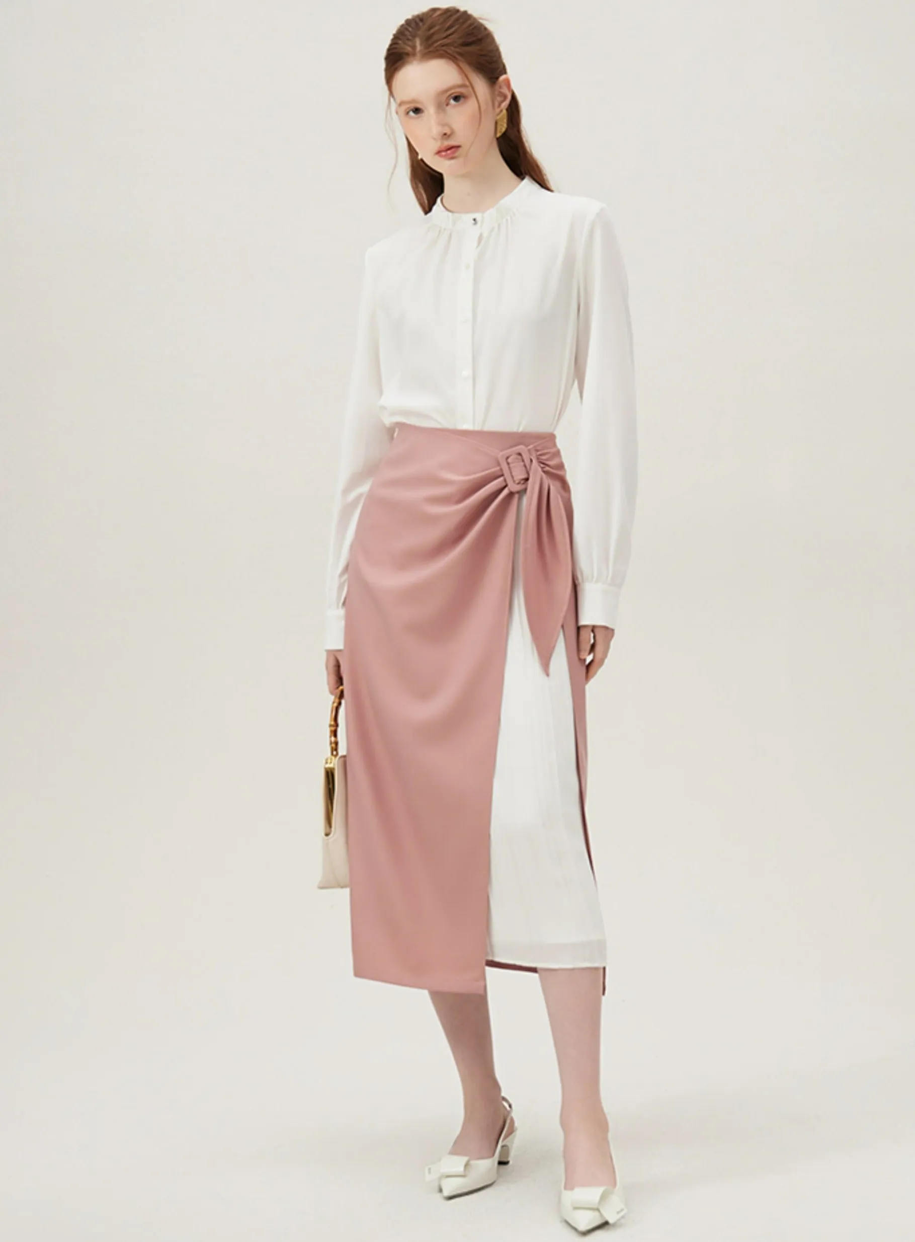 Asymmetrical Wrap Midi Skirt - Side Tie Pleated Insert