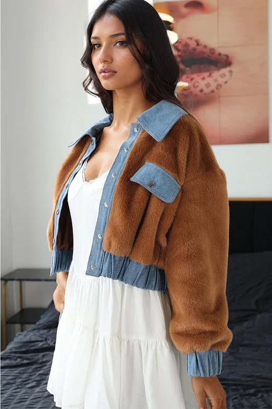 ATHINA CASUAL DENIM CONTRAST FUR CROP JACKET