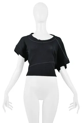 BALENCIAGA BLACK ASYMMETRICAL SWEATER WITH WHITE STITCHING 2002