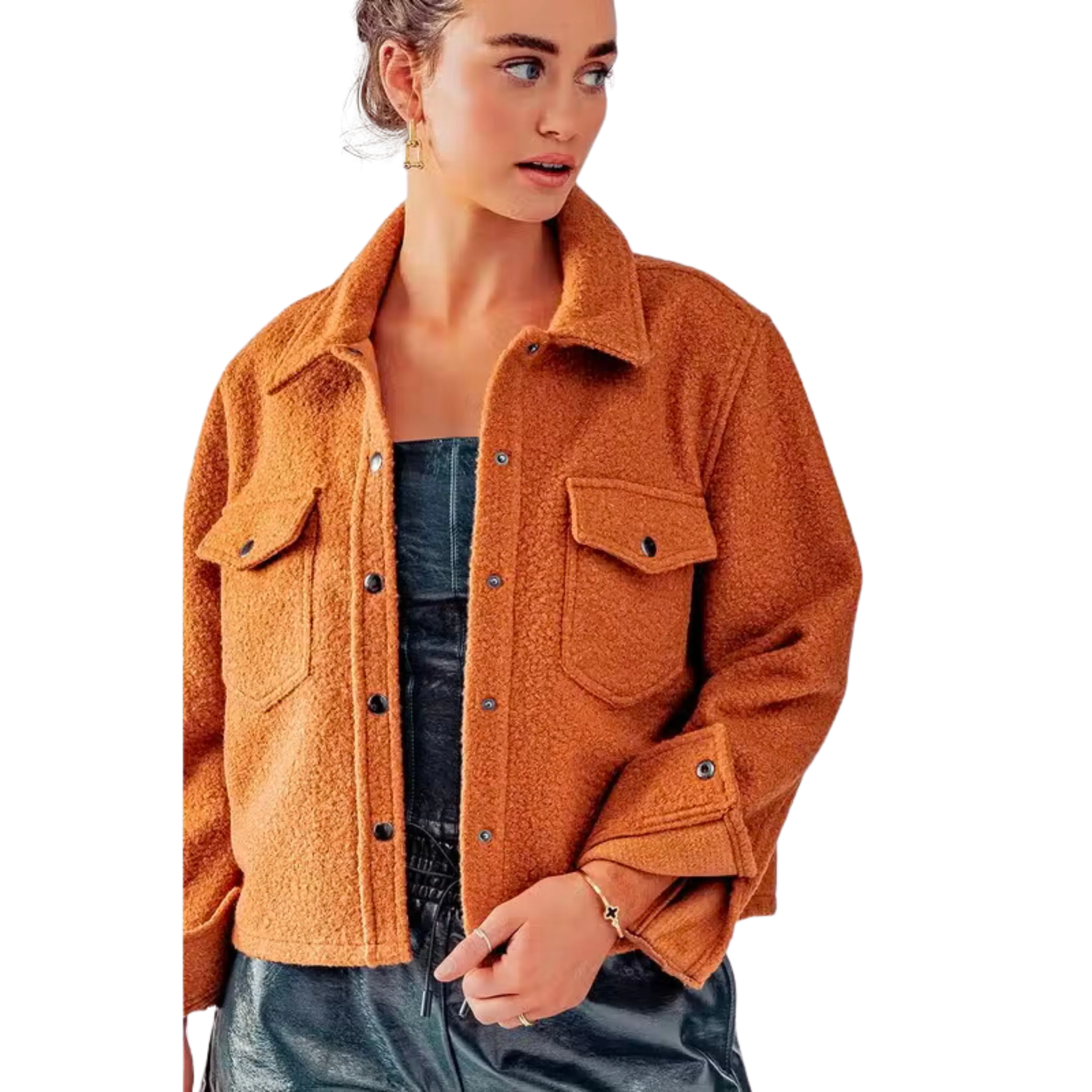 Bella Snap Button Semi Crop Teddy Jacket - Burnt Orange