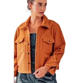 Bella Snap Button Semi Crop Teddy Jacket - Burnt Orange