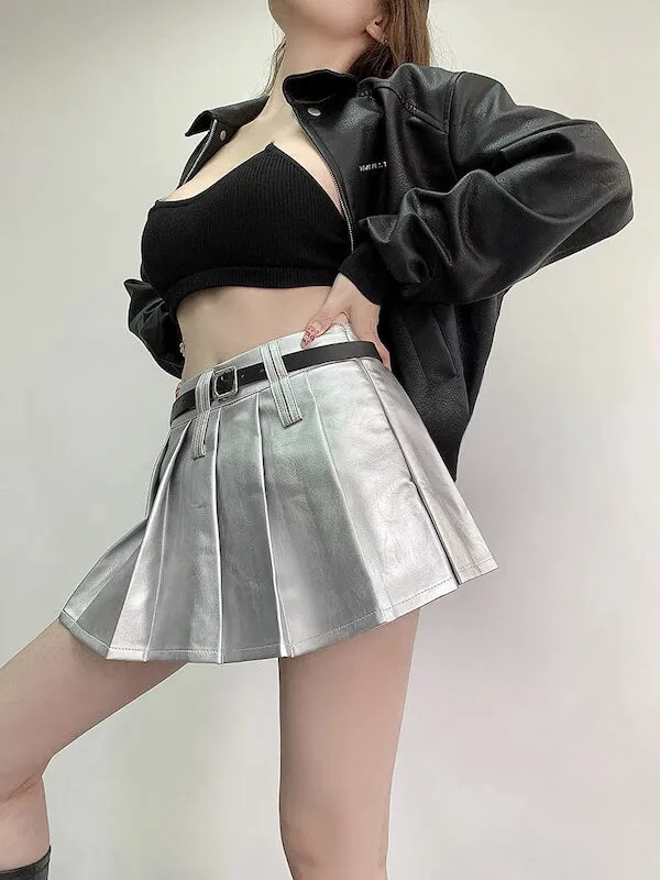 Belt leather pleated skirt