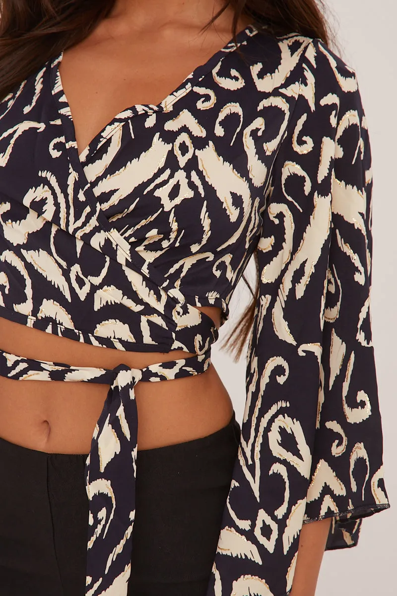 Black Abstract Print Wrap Over Cropped Top - Lily