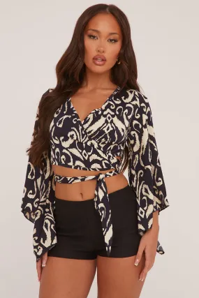 Black Abstract Print Wrap Over Cropped Top - Lily