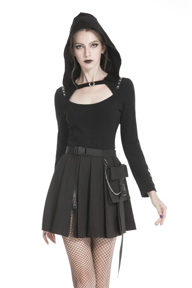 Black casual punk pleated short skirt with bag side KW152