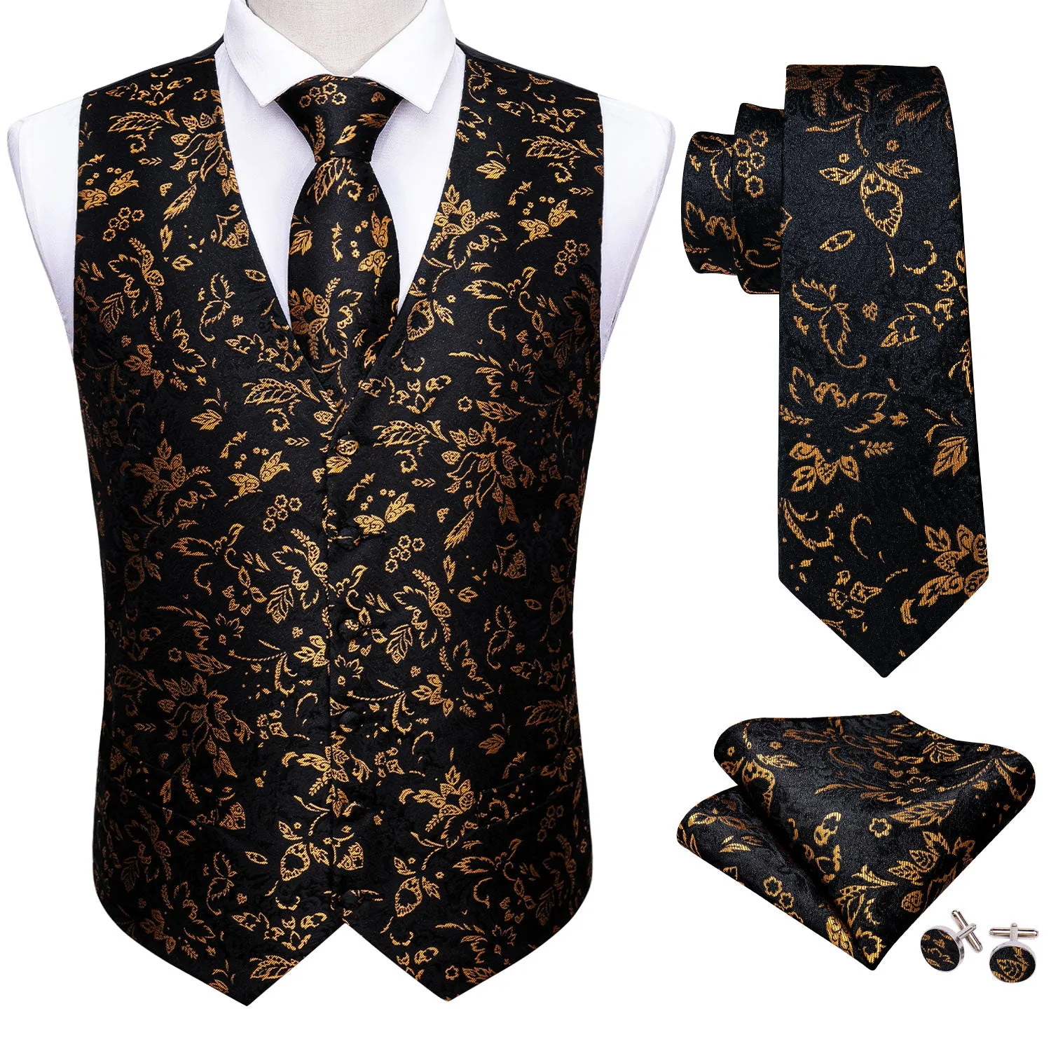 Black Yellow Floral Jacquard Silk Men's Vest Hanky Cufflinks Tie Set