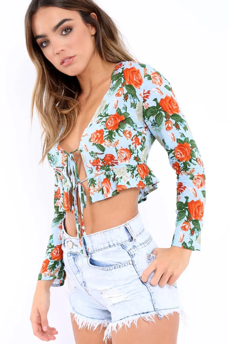 Blue Floral Top with Tie Front - Azria