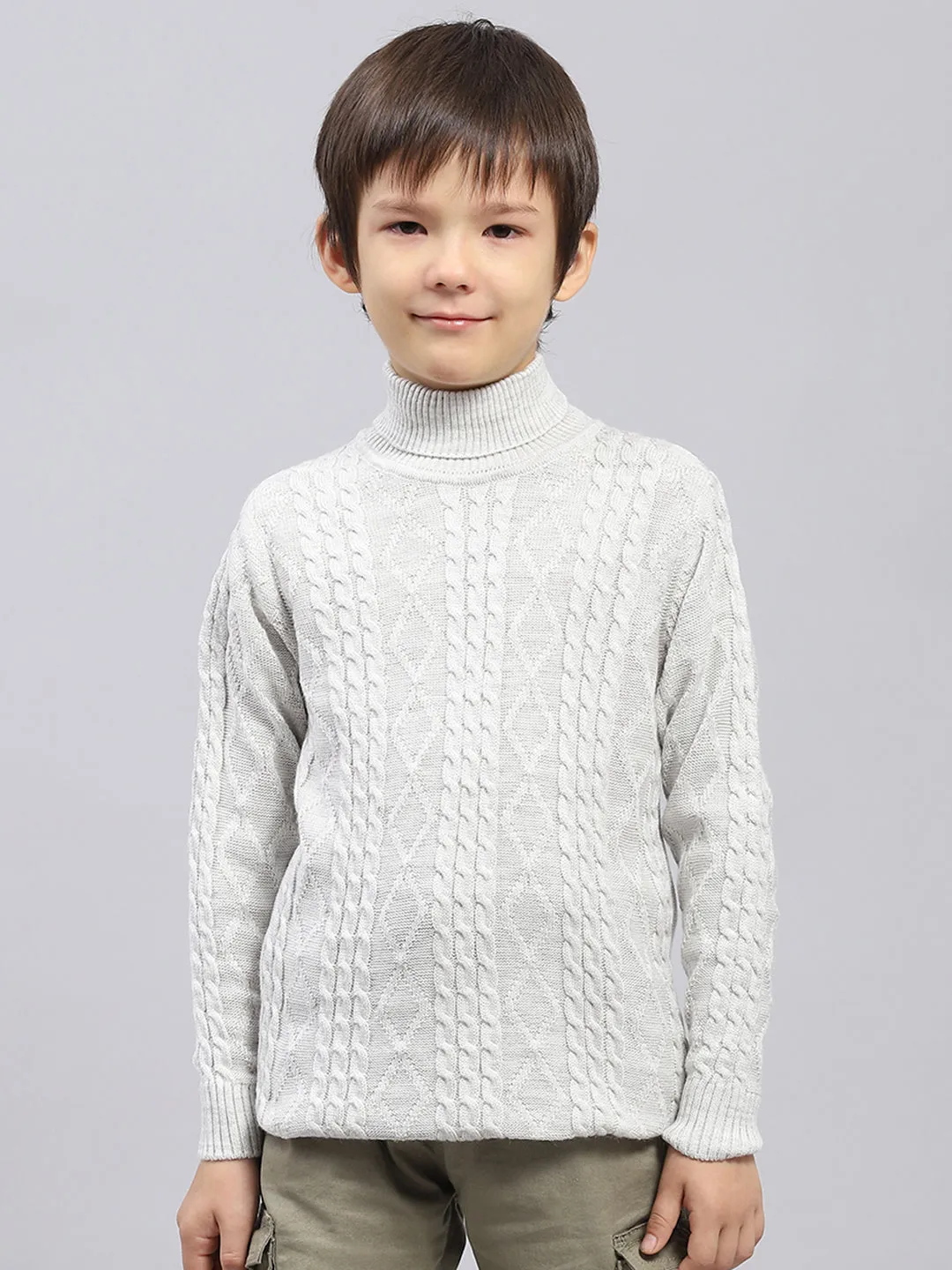 Boys Off White Self Design High Neck Full Sleeve Pullover