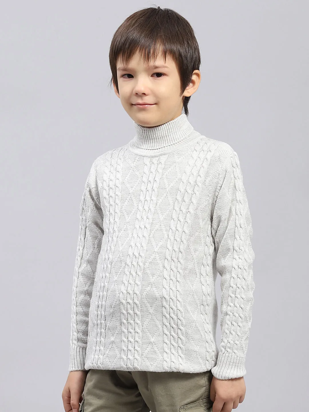 Boys Off White Self Design High Neck Full Sleeve Pullover