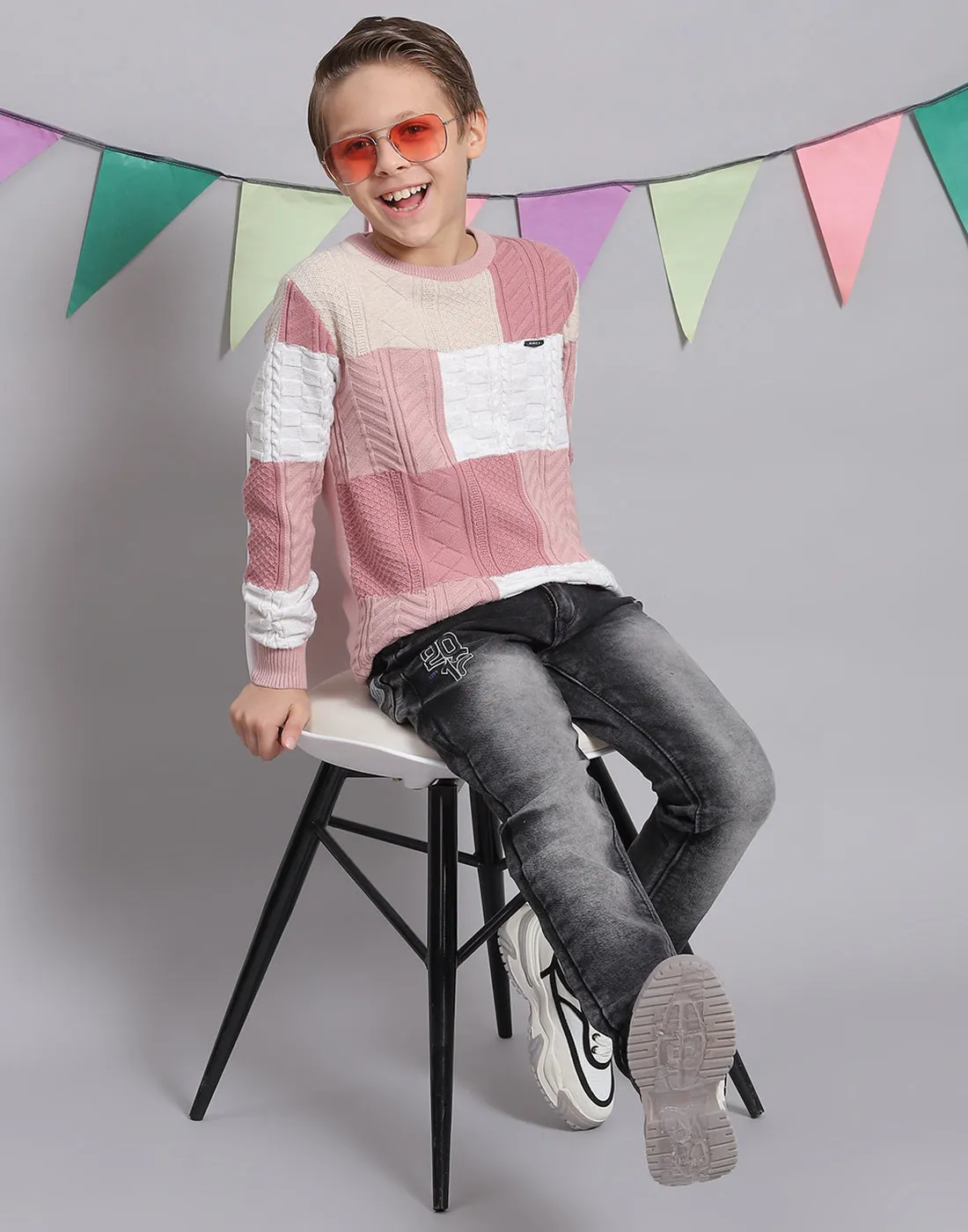 Boys Pink Self Design Round Neck Full Sleeve Sweater