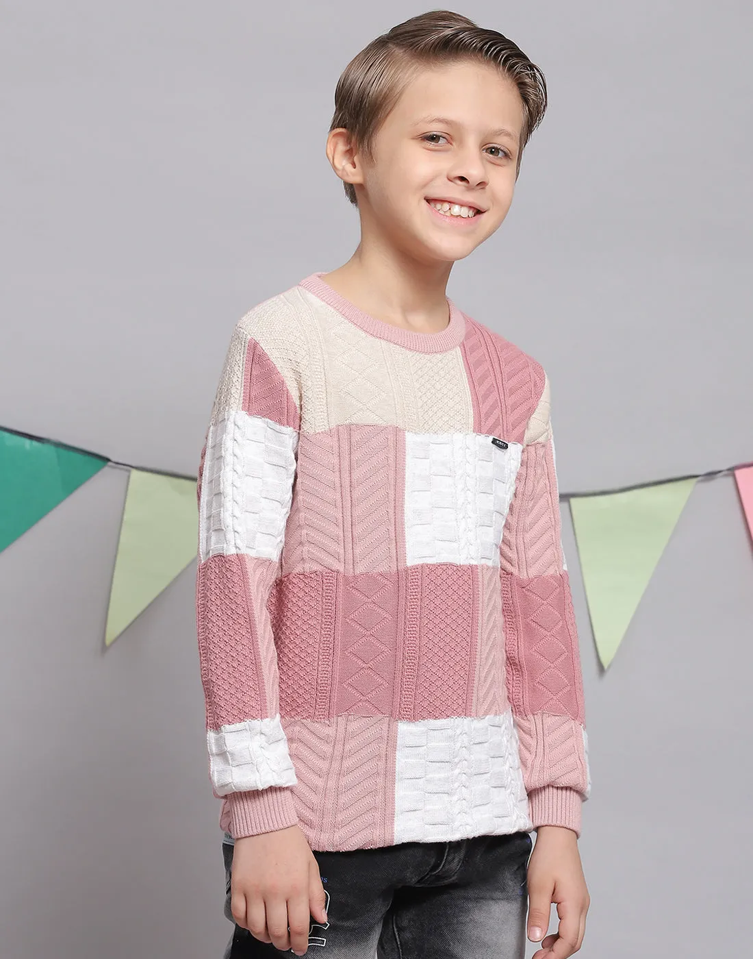 Boys Pink Self Design Round Neck Full Sleeve Sweater