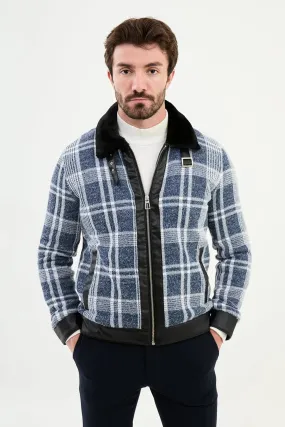 Brabion Eden Blue Fur Plaid Slim Fit Coat