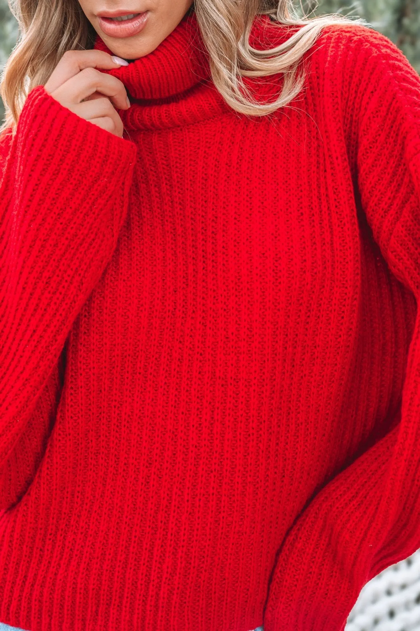 Bright Red Ribbed Turtleneck Sweater