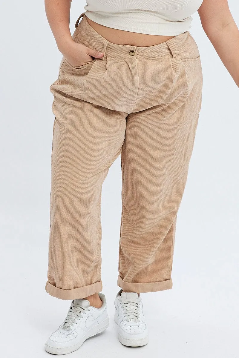 Camel Corduroy Pants Tapered Pleat Front