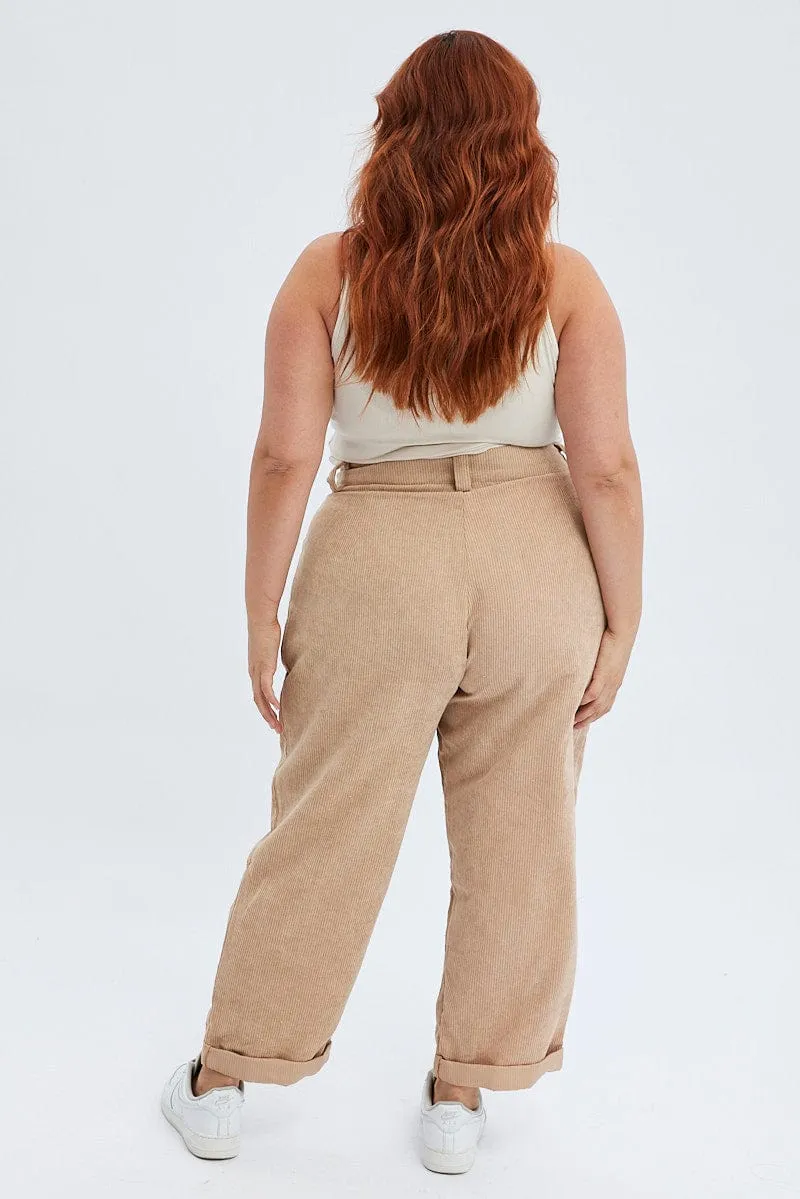 Camel Corduroy Pants Tapered Pleat Front