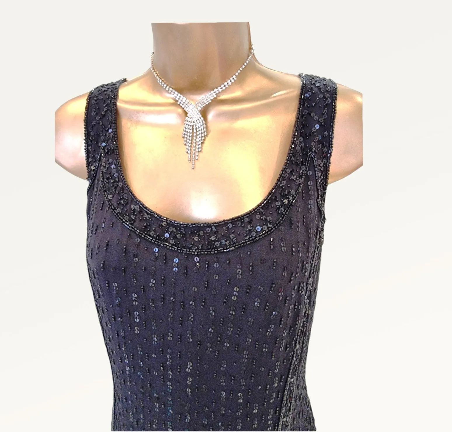 Caroline Charles Vintage Black Silk Sequin Dress & Bolero UK 16 US 12 EU 44 IT 48