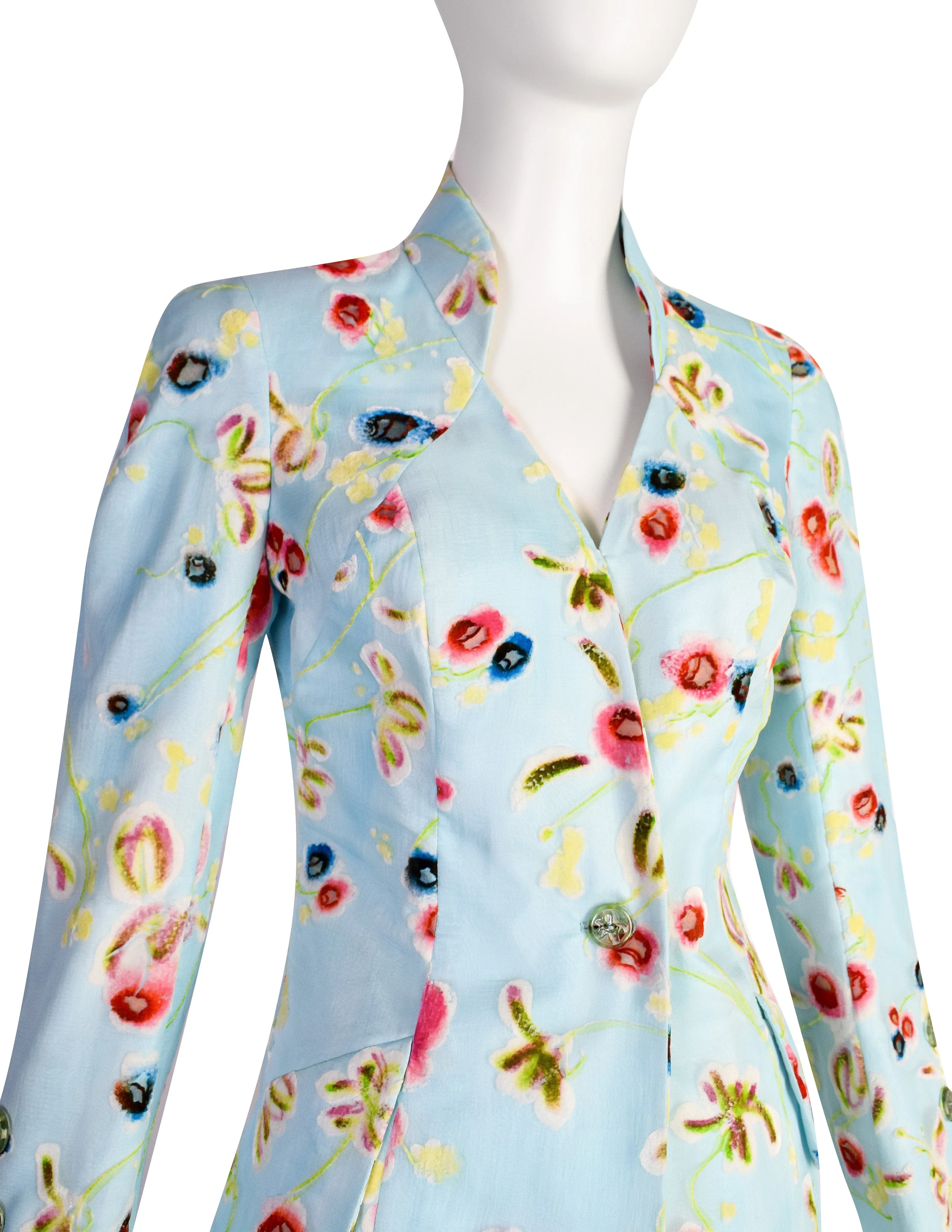 Christian Lacroix Vintage SS 1998 Baby Blue Silk Georgette Degrade Velvet Floral Jacket Paint Suit