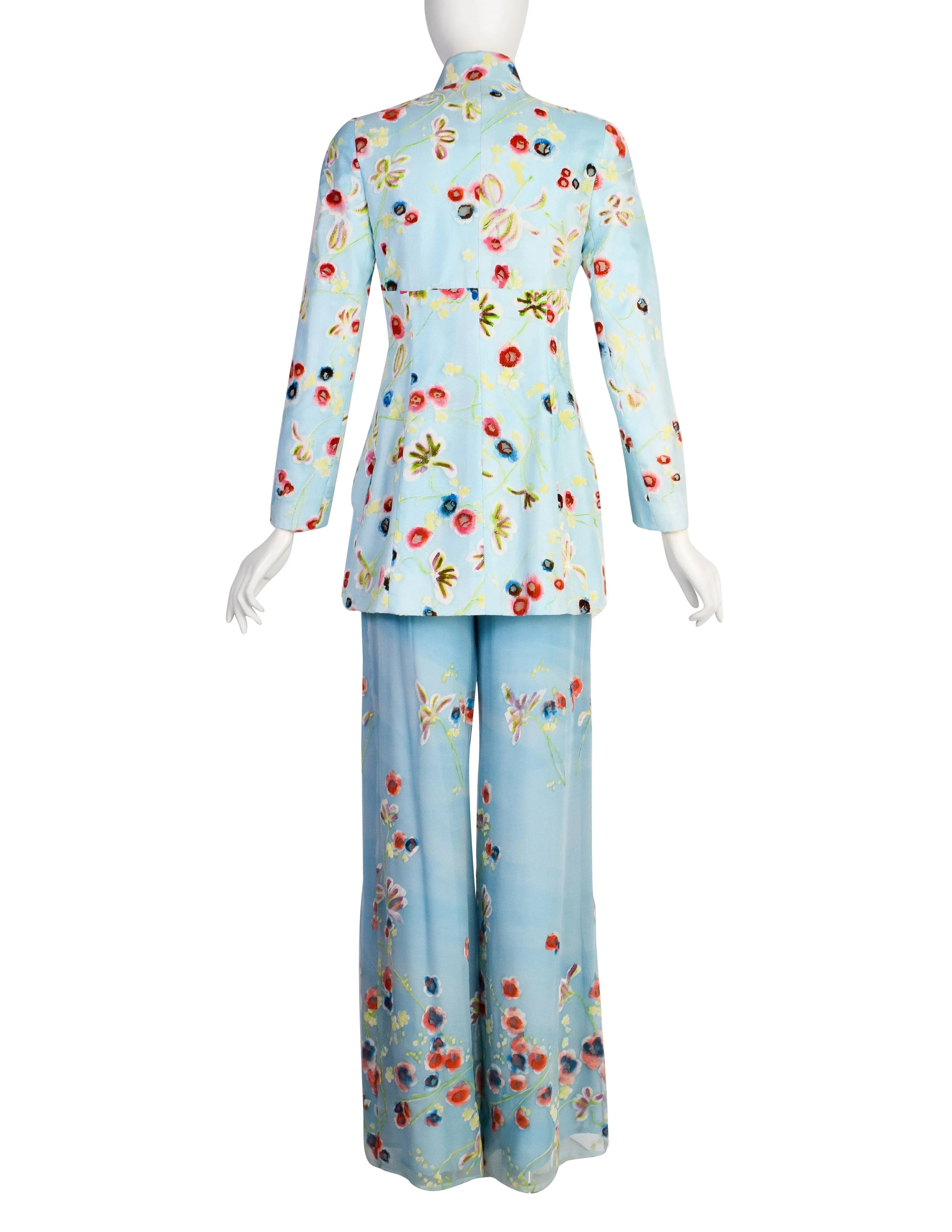 Christian Lacroix Vintage SS 1998 Baby Blue Silk Georgette Degrade Velvet Floral Jacket Paint Suit