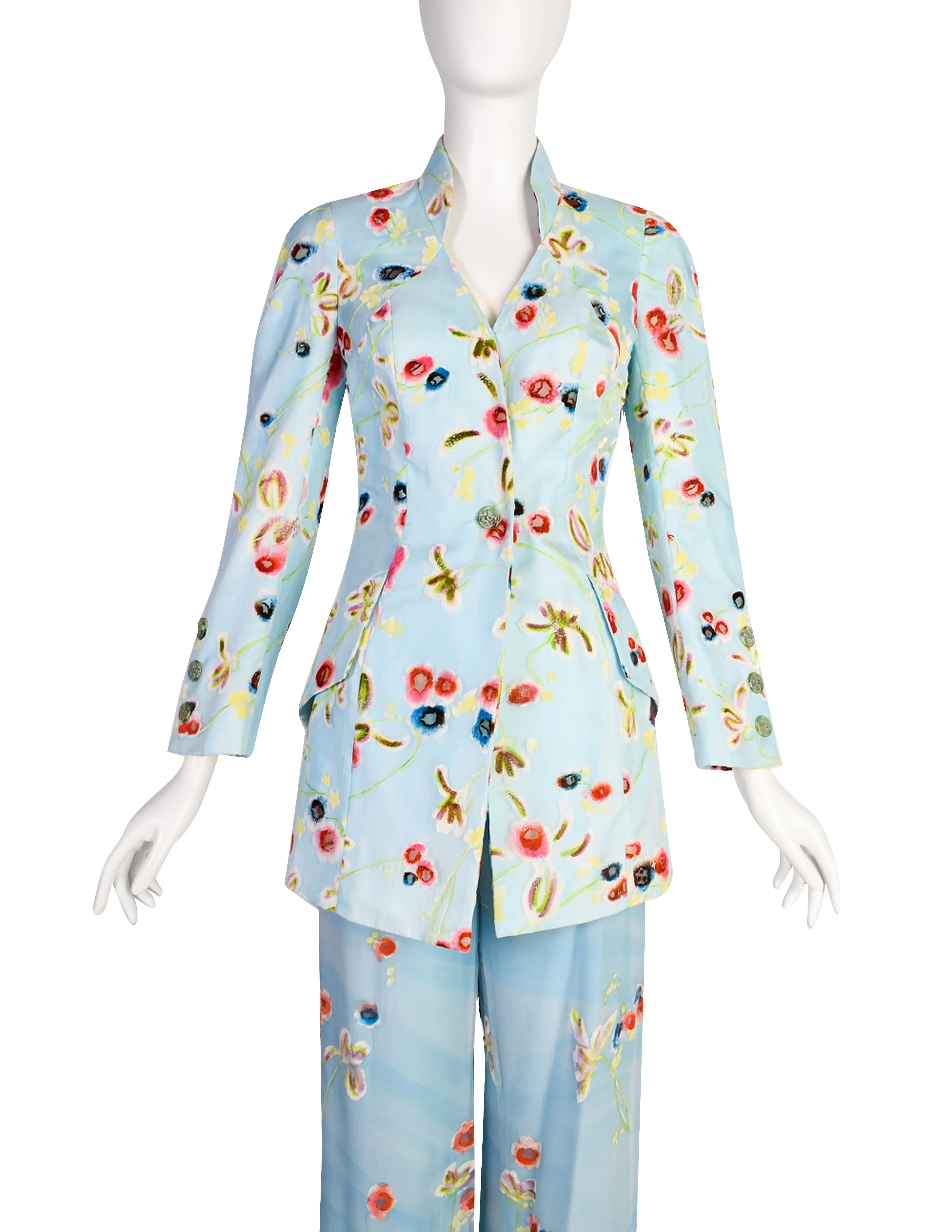 Christian Lacroix Vintage SS 1998 Baby Blue Silk Georgette Degrade Velvet Floral Jacket Paint Suit