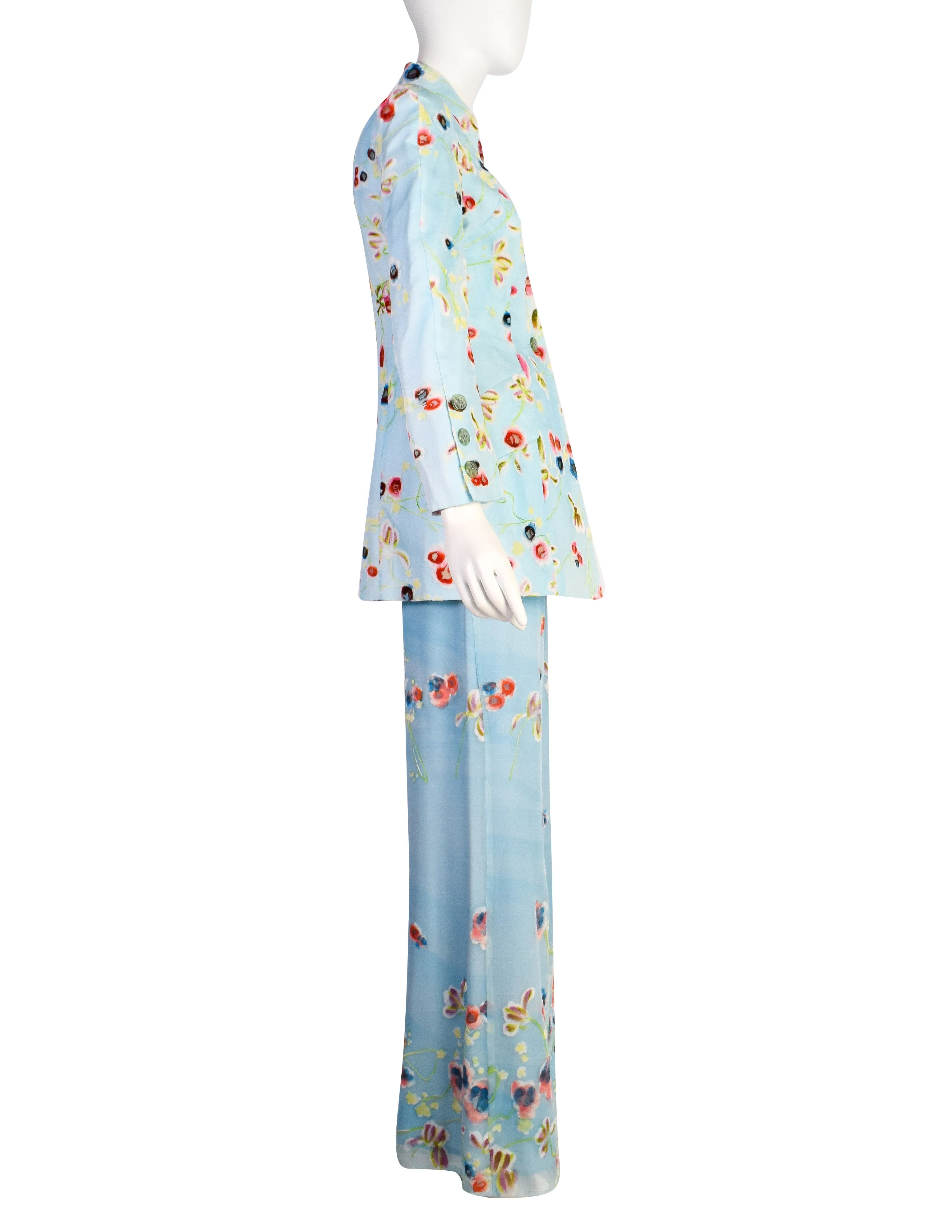 Christian Lacroix Vintage SS 1998 Baby Blue Silk Georgette Degrade Velvet Floral Jacket Paint Suit