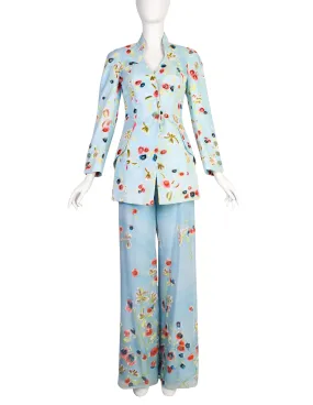 Christian Lacroix Vintage SS 1998 Baby Blue Silk Georgette Degrade Velvet Floral Jacket Paint Suit