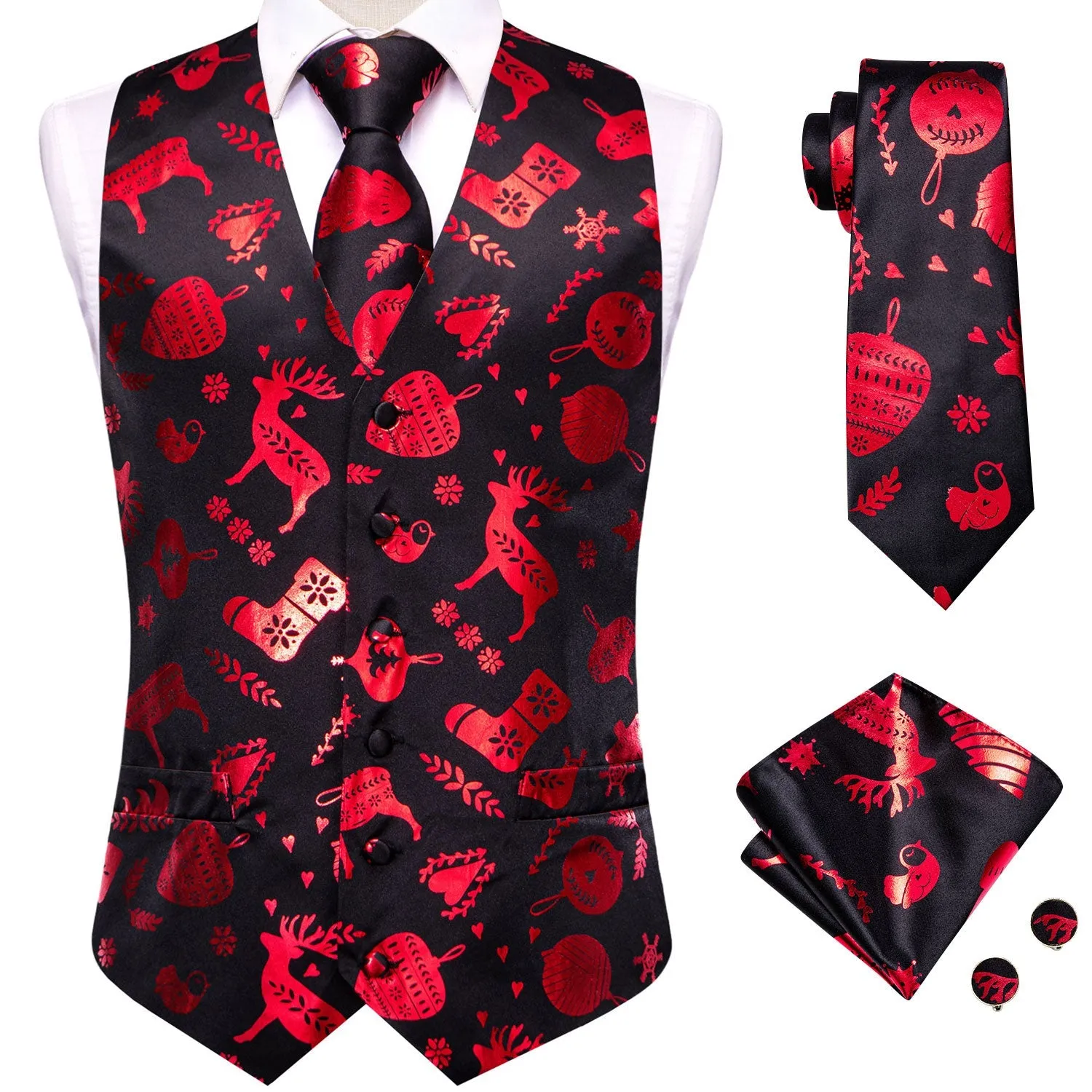 Christmas Black Red Deer Novelty Jacquard Silk Men's Vest Hanky Cufflinks Tie Set