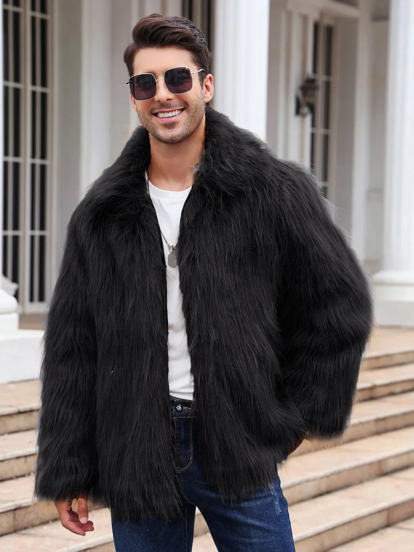 Cold-Weather Fox Look with Men's Faux Fur Coat Jacket