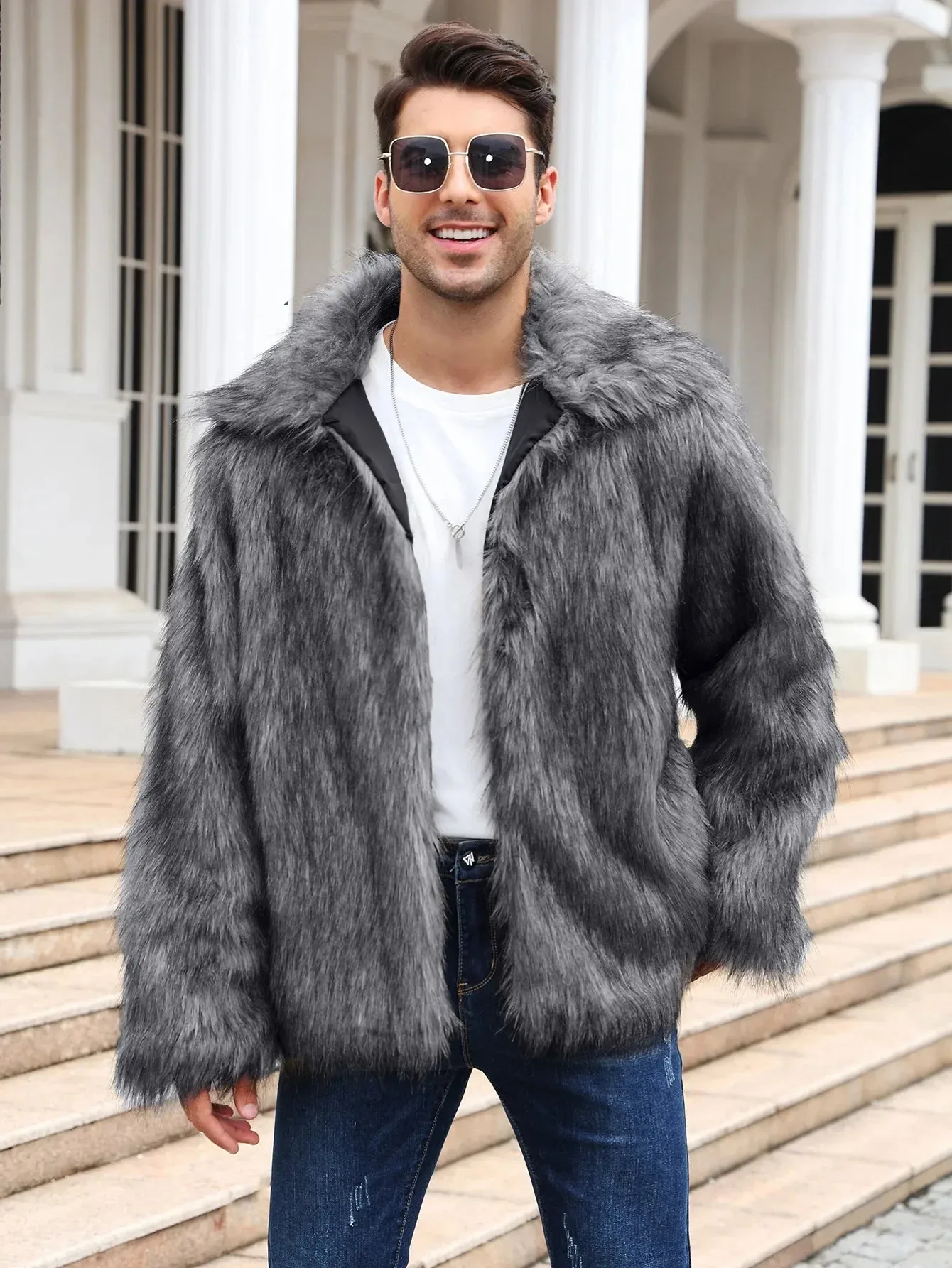 Cold-Weather Fox Look with Men's Faux Fur Coat Jacket