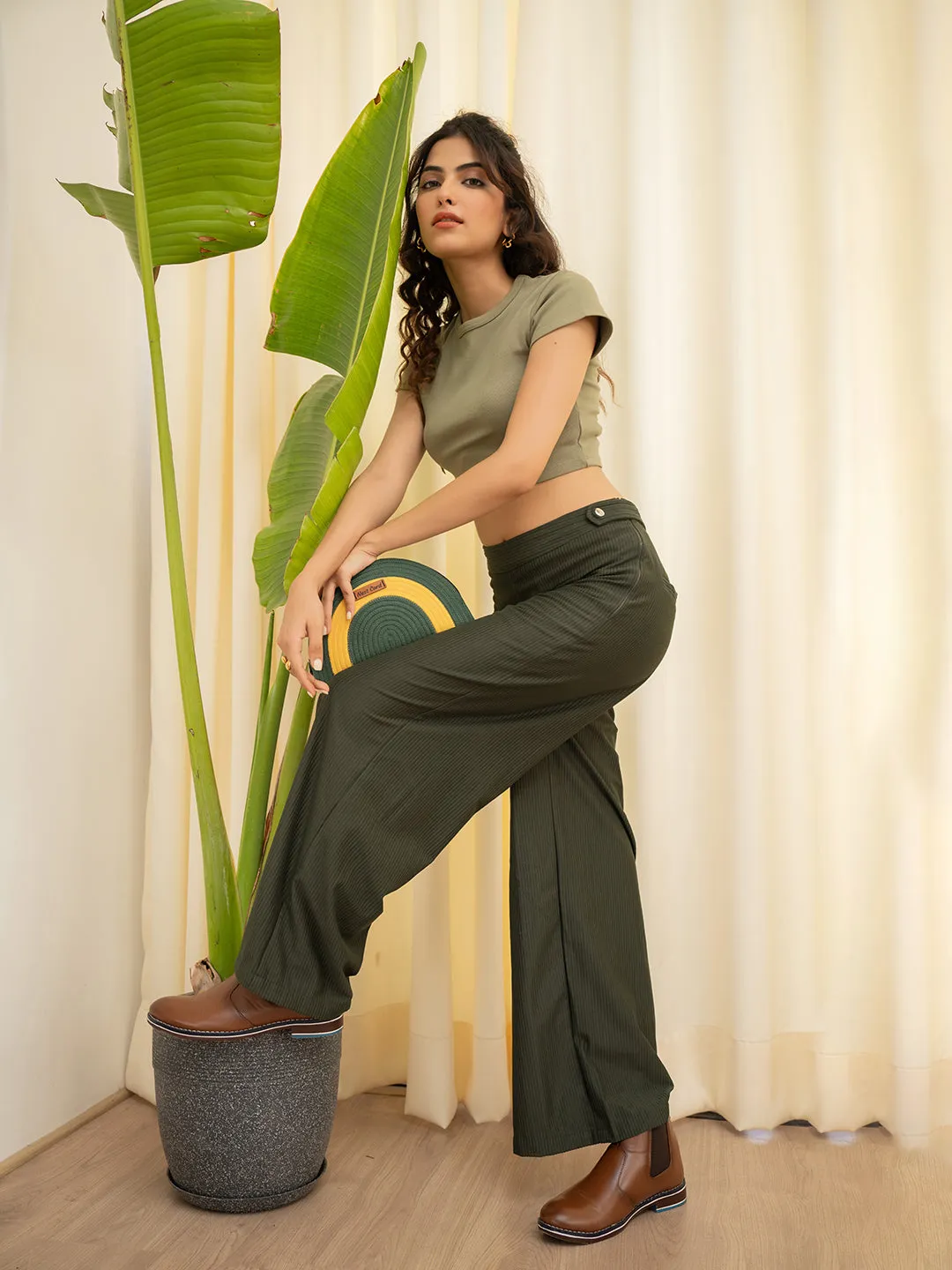 Corduroy Dark Green High Waist Pants