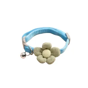 Cozy Velvet Cat Collar with Knitted Flower & Bell - Blue